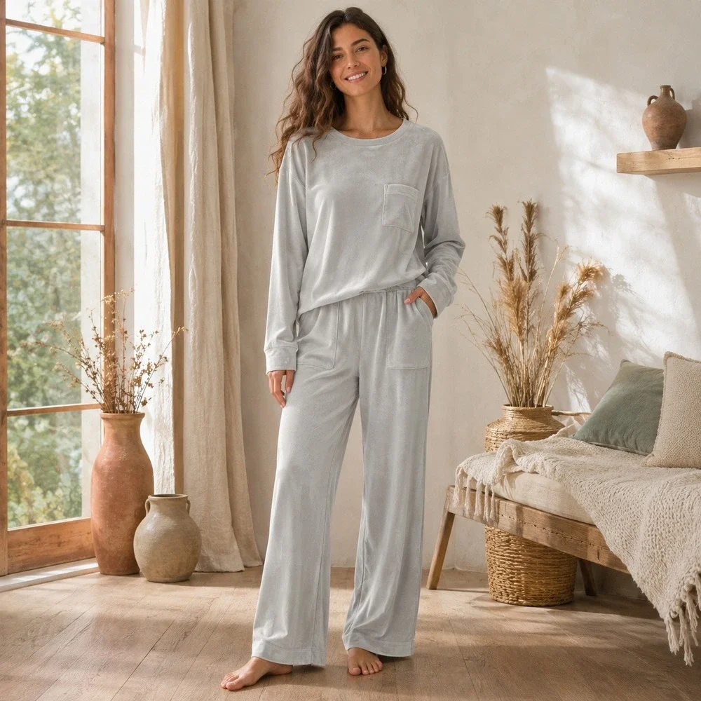 Soma 24/7 Velour Crewneck Sweatshirt & Wide Leg Pants Set Vapor Gray Medium NEW
